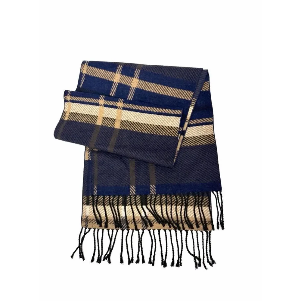 Club Room Silk Scarf Brushed Wool Feel Navy Tan Plaid Fringe Soft Warm 67x12